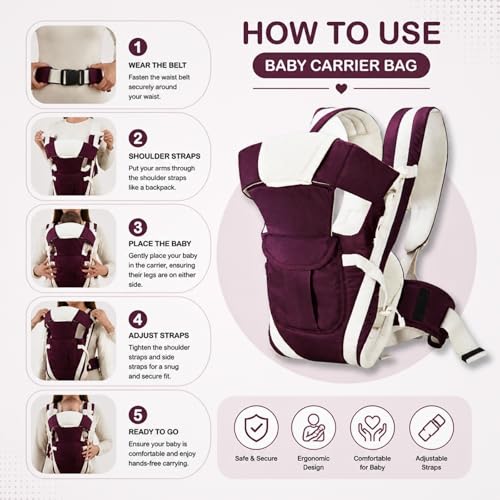 Image of LittleBoo New Born Baby Carrier Bag 4-in-1 Adjustable Baby Sitting Carrier Bag - Front & Back Carry with Head Support, Safety Belt & Buckle Straps for 0-24 Months (Purple)