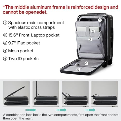 Image of Hanke Carry On Luggage Hardside Suitcase with Wheels & Front Opening, 20in 24in 26in Large Luggage Aluminum Frame PC Rolling Suitcases Travel Bag TSA Lock, Black(with laptop compartment), 20 Inch, 20 Inch Carry on Luggage Hard Shell Suitcases With Wheels