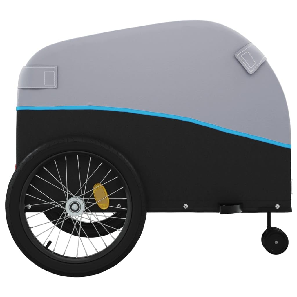 Remolque de bicicleta negro y azul de hierro de 45 kg con bandera de seguridad para cargas, equipaje, niños y perros, plegable, con embrague para ciudad, naturaleza, excursión, excursión y vida