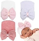 Malaxlx Bonnet Bébé Naissance 3 Pièces avec Nœud Coton Doux Bonnet Nouveau Né 0 3 Mois