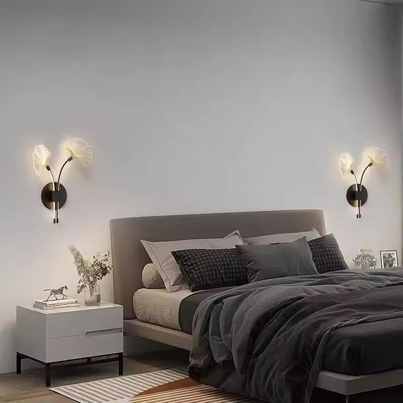 Image of Modern LED Wall Sconce Light, Dual Ginkgo Leaf Design, Metal Base with Three Colour Illumination (Warm White, Natural White, Cool White), Indoor Decorative Lighting, Black