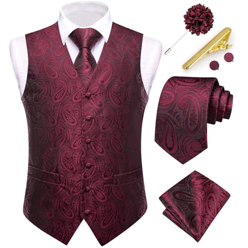 Dubulle Paisley Vest and Tie Set Mens Black Red Floral Waistcoat Neckties for Men Lapel Pin Clip Set Wedding Business