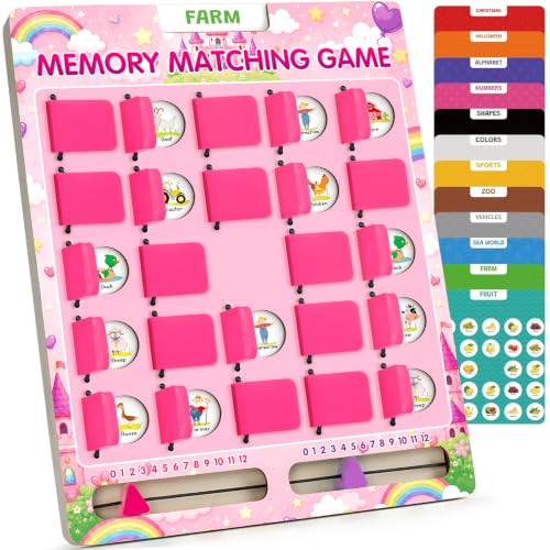 Image of Matching Memory Game for Kids Ages 3 4 5 6 Year Old, Travel Toy for Boys Girls, Wooden Board Game, Road Trip Essentials for Toddler, Airplane Car Camping Activity, Ideal Christmas Birthday Gifts, Pink