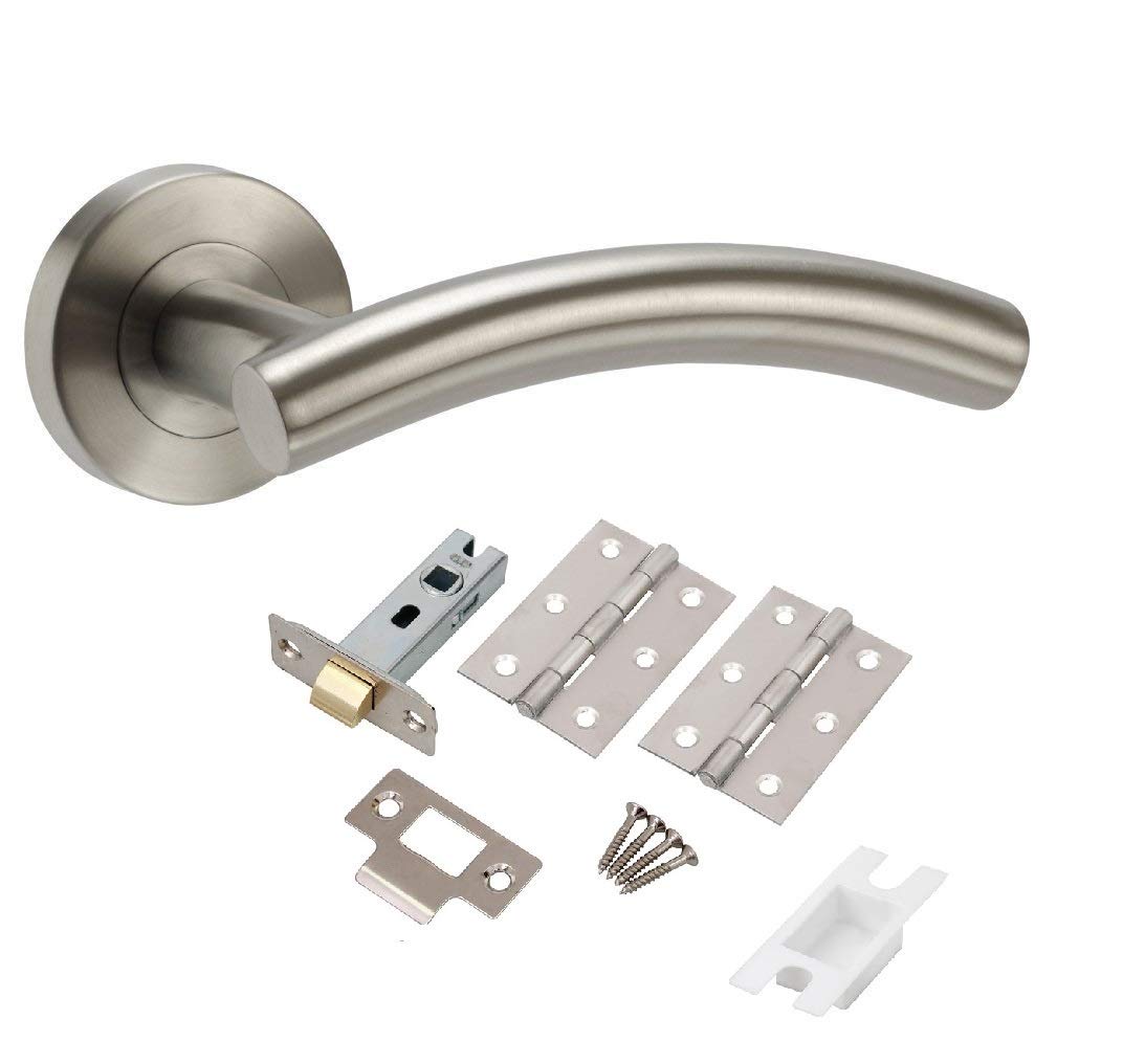 Golden Grace Satin Nickel Arched T-Bar Door Handles On Round Rose In Finish With Latch & Ball Bearing Hinges, 1 Sets