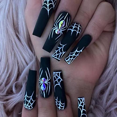 Black Halloween Press on Nails Long with Spider Web Designs, Full Cover Halloween Fake Nails Glossy Halloween Glue on Nails Long Halloween Nails for Women, 24 Pcs