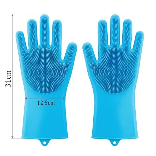Image of Kitchen Dishwashing Gloves for Washing Dishes - Reusable Rubber /Silicone Cleaning Gloves for Kitchen, Bathroom & Car Cleaning - Waterproof Household Hand Gloves for Women, Home Essentials (Blue)