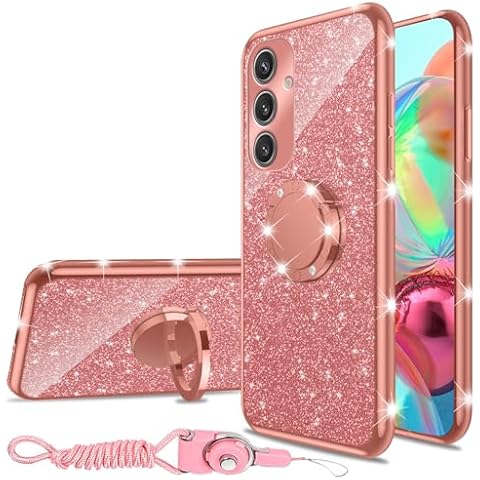 nancheng for Samsung Galaxy S24 Case, Phone Case for Galaxy S25 Girls Women Cute Glitter Luxury Soft Silicone Clear Cover with Ring Stand Strap Lanyard Shockproof Protection Case - Rose Gold Cover