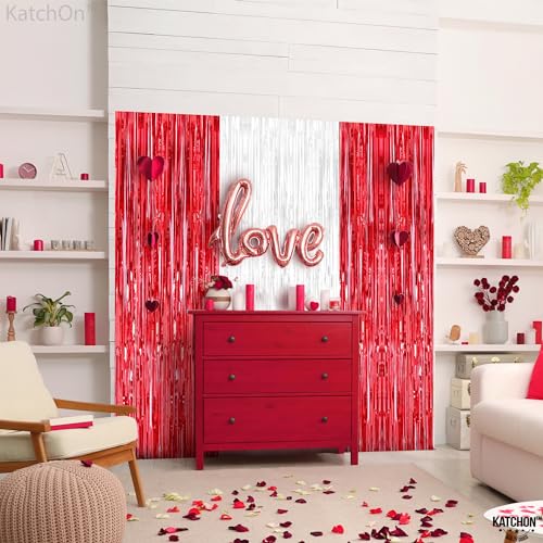 Image of KatchOn, Red and White Streamers - 3.2x8 Ft, Pack of 3 | Red and White Fringe Backdrop for Red Party Decorations | Fringe Backdrop for Proposal, Wedding Decorations | Engagement Party Decor