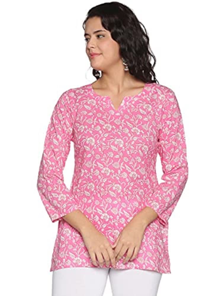 ™ Cotton Womens Short Kurti Pink Straight Round Neck Floral Print 3/4 Sleeves Kurta Casual Regular Kurti Top for Girls