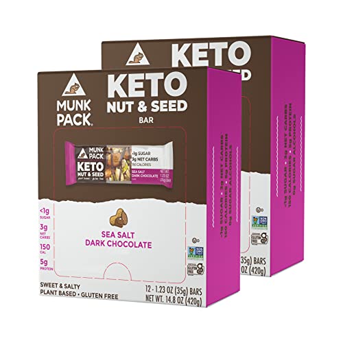 Nut & Seed Bar Sea Salt Dark Chocolate | Munk Pack Low Carb Keto & Plant Based Snacks | Nutritious & Gluten Free | No Added Sugar, Erythritol Free Snack And Breakfast Bars | Bulk 24 Pack #TOP12