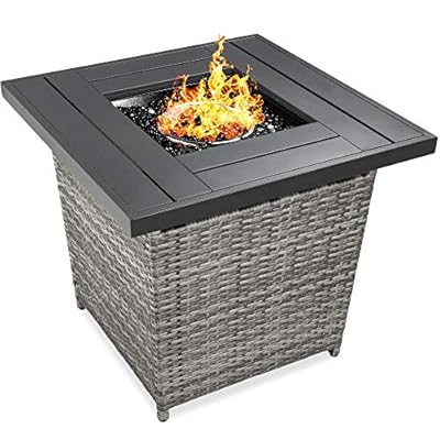 Best Choice Products 28in Fire Pit Table 50,000 BTU Outdoor Wicker Patio Propane Gas w/Faux Wood Tabletop, Glass Beads, Cover, Hideaway Tank Holder, Lid – Ash Gray