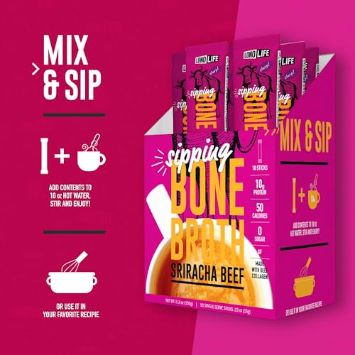 Image of LonoLife Sriracha Beef Bone Broth Powder Packets 24 Pack, 10g Protein