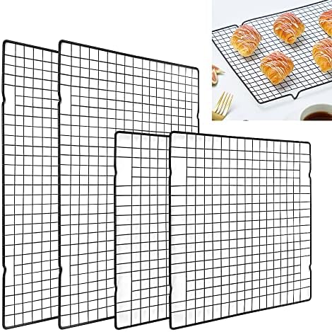 JUNMEIDO 4 Pack Cooling Rack Set Carbon Steel Baking Wire Tray Stackable Grill Rack Rectangular Baking Rack Cooler Black Cooling Wire Rack for Roasting Grilling Drying Cooking (25 * 40CM/25 * 27CM