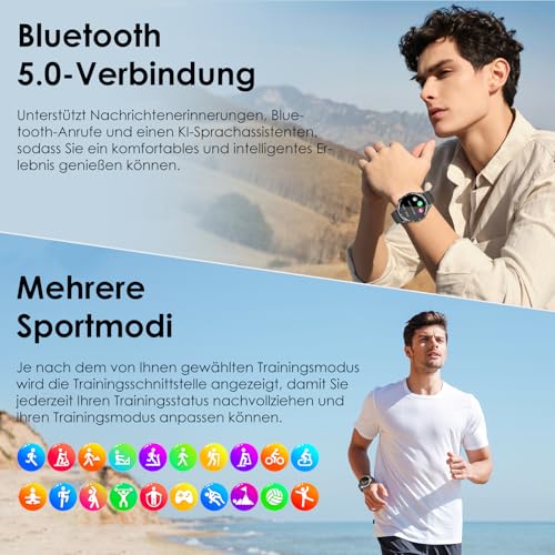 2026 Neu Smartwatch Herren mit EKG/ΒΙυτzυcker/BMI Rund 1,43AMOLED Fitness Gesundheitsuhr mit 24h Blutdruck Herzfrequenz Harnsäure SPO2,Schlaf/Apnoe-Monitor Bluetooth-Anrufe SOS-Notruf für iOS Android