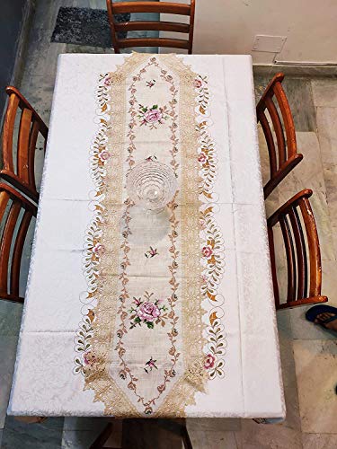 Image of MONKDECOR (O.F) Cut Work Cross-Stitch Embroidery Dining Table Runner (Size-15x70 Inches)- Gold & Pink Color