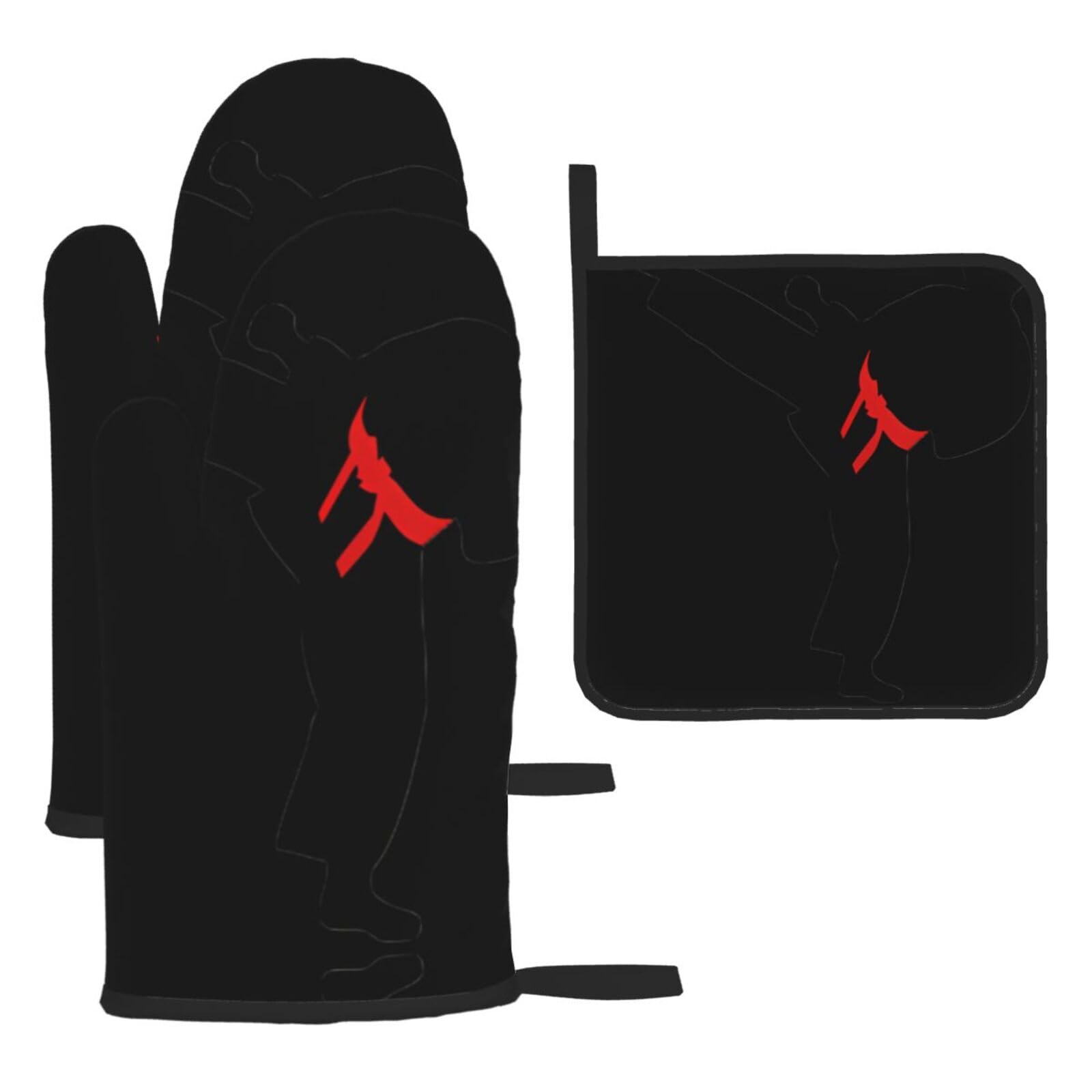 Karate Boy Changeable Belt Color 3 Piece Kitchen Oven Mitt Set Heat Resistant Gloves with Pot Holder Mat Polyester Printed for Cooking Baking BBQ Grill