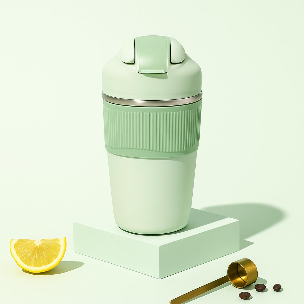YELONA 480 ML Macaron Insulated Coffee Tumbler with Inbuilt Straw and Sip Lid Leak Proof Double Wall Stainless Steel Reusable Travel Mug Flask Sipper for Hot Cold Drinks - (Fern Green)