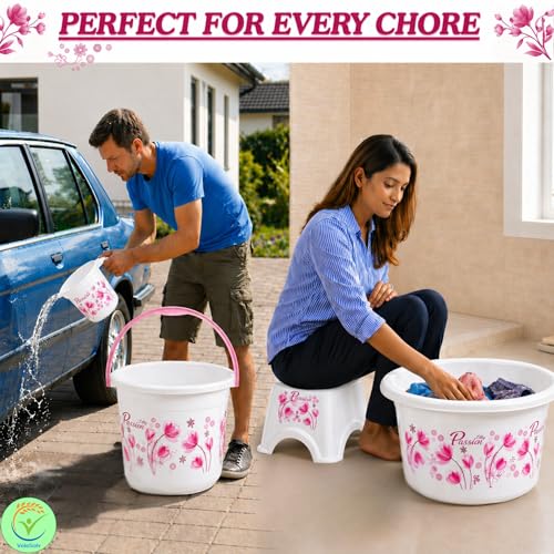Image of Heavy Duty Virgin Plastic Large Capacity 20L Bucket, 5L Bucket, Stool, 22L Deep Tub, Dustbin,1.5L Mug,1L Mug, Soap Case, Dustpan, Tooth Brush Stand Bathroom Set(White-Pink) - 10 Pieces