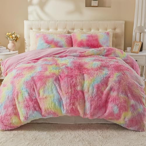 Image of EMME Luxury Fuzzy Duvet Cover Set King Size Fluffy Comforter Cover Set for King Bed 2 Pieces Shaggy and Plush Soft Bedding Duvet Covers (Rainbow Colorful Pink, King)