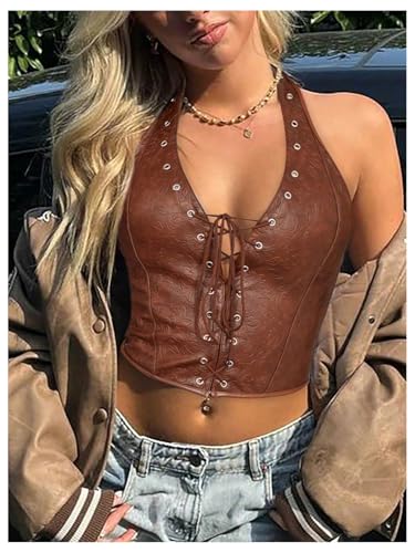 Verdusa Women's Sexy PU Leather Halter Tops Backless Lace Up Sleeveless Crop Going Out Tops Clubwear4