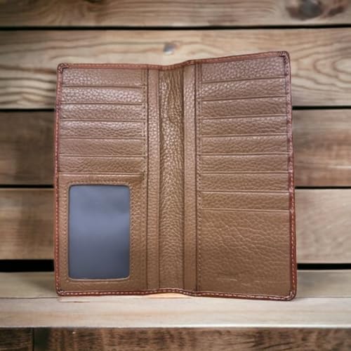 Urbalabs Mens Long Wallet Floral Embossed Longhorn Leather Brown and Teal Soft Leather Checkbook Style Cowboy Hand Crafted High End Mens Wallets Leather Bull Rider Rodeo Concho Gifts For Men3