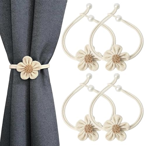 QINGYIWL 4 Pièces Embrasse pour Rideaux, Camellia Réglable Belles Embrasses de Rideaux avec Corde de Fleurs Boho Décoration pour pour Salon Salle Chambre...