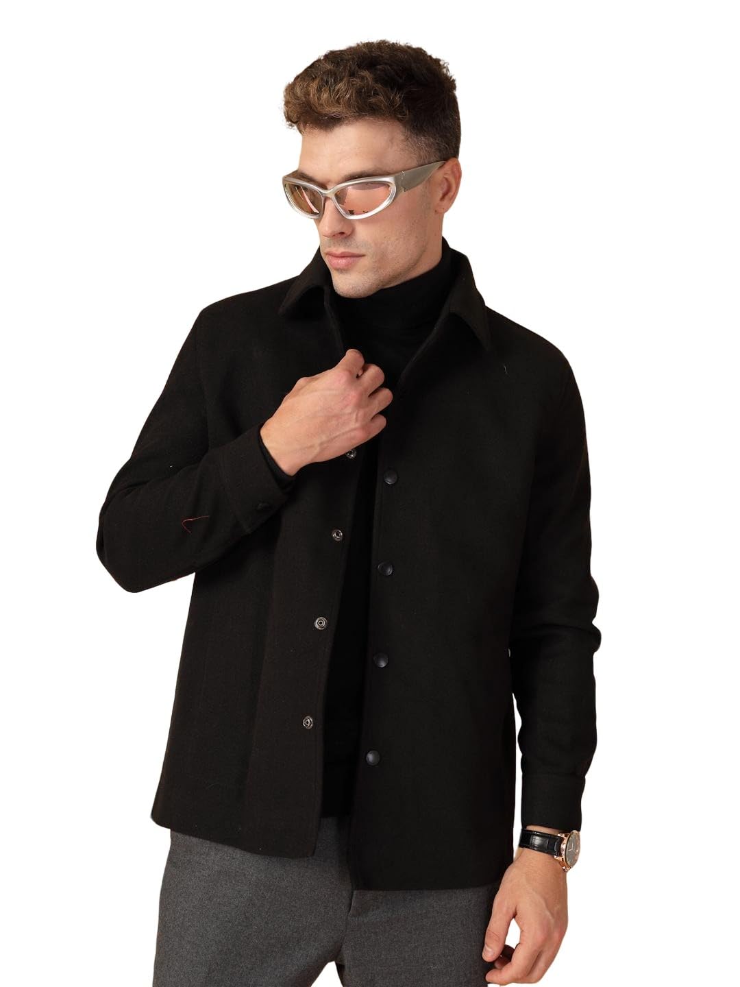 Men Tweed Modern Winter Coat Hip Length Single Breasted Overcoat With Spread Shirt Collar| Buttoned Cuffs And Front Side Pockets For Stylish Casual Or Formal Wear-image-1