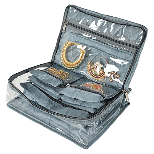 Image of Kuber Industries PVC Laminated Jewellery Organizer|Jewellery Storage Pouch With 13 Transparent Pouches For Home & Traveling (Gray)