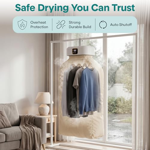 Image of SereneLife Portable Clothes Dryer | Drying Bag for Clothes, Suits & Dresses | Adjustable Temperature & Remote Control 1-8 Hour Timer | Compact Dryer for Home, Apartment, Dorm & Travel | White