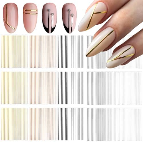 15Pcs Gold Silver Lines Nail Art Stickers Decals 3D Golden French...