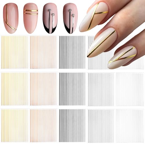 Kifmurase 15Pcs Gold Silver Lines Nail Art Stickers Decals 3D