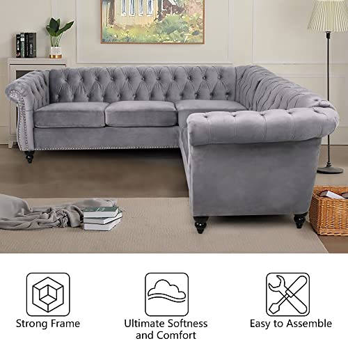 Image of QHITTY L-Shaped Sofa, Sectional Chesterfield Couch 5-Seater Velvet Upholstered Small Accent Tufted Sofa with Rolled Armrest and Nailhead Design for Living Room, Apartment, Office (Grey)