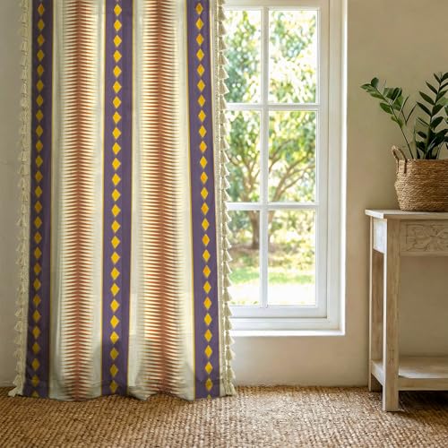 Image of Urban Space Boho Decorative Curtain for Window, 100% Cotton Curtain 5 Feet Long, 1 piece Curtain with Tassels, 60-65% Room Darkening with Tieback and Eyelets (Alora Dark Mauve, 5 Feet)