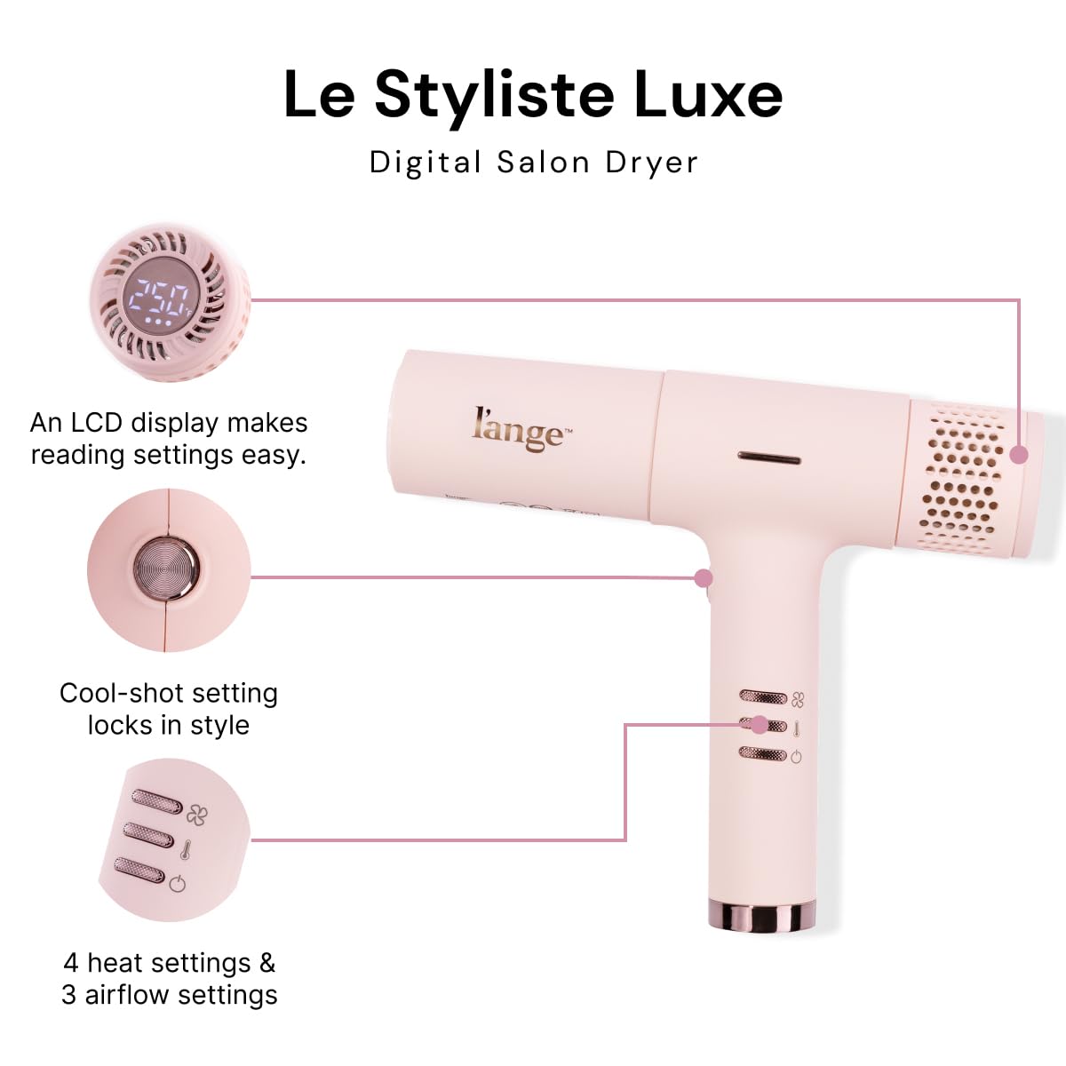 L'ANGE HAIR Le Styliste Luxe Digital Luxury Hair Dryer | Quiet Brushless Blow Dryer with Diffuser | Hairdryer with 4 Heat & 2 Speed Settings | Ion Technology | Best Hair Dryer for Blowouts (Blush)