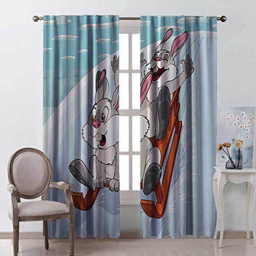 Bunny 99% Blackout Curtains Fun Winter Wooden Sled Kids Nursery Funny Cartoon