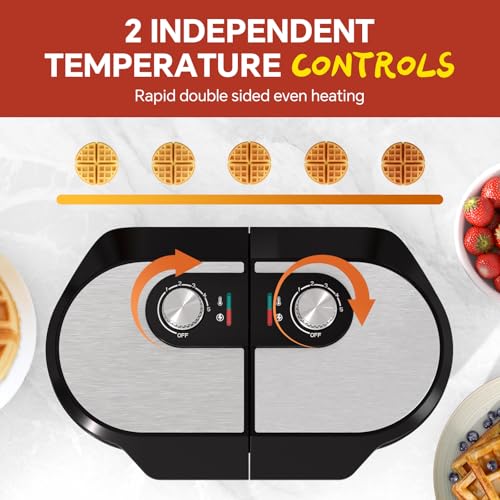 Image of Double Waffle Maker, 6.5 inch Dual Waffle Iron, 1200W Belgian Waffle Maker with Nonstick Plates, 2 Independent 5-Level Adjustable Temp Knobs, Easy to Clean, Stainless Steel