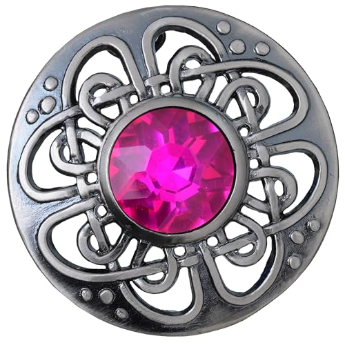 Image of Elegant Culloden Plaid Brooch - Scottish Kilt Fly Plaid Brooch Intricate Celtic Knot in Pewter with Gemstone 3-Inch Diameter - Ideal for Scottish Kilts & Formal Wear