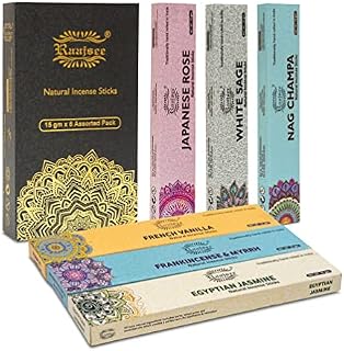 raajsee Incense Sticks 6 Pack Variety Set 15gm Each, Nagchampa -Jasmine - vanila-Japanese Rose-White Sage, 100% Organic Hand Rolled- Perfect for Yoga, Meditation,Aromatherapy