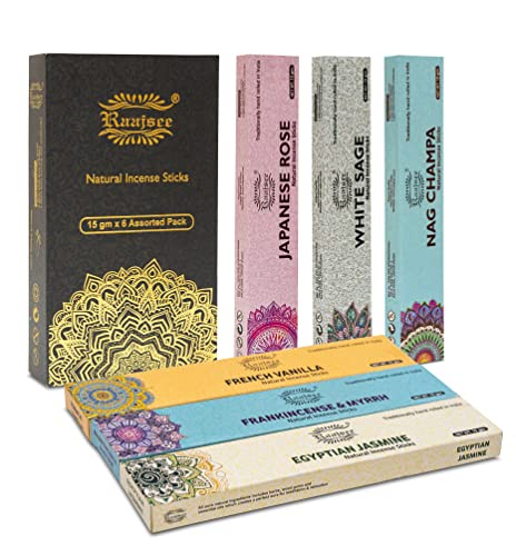 Raajsee Bio-Räucherstäbchen 15gx 6 Packung ,Nag Champa,Jasmin,Vanille, japanische Rose, weißer Salbei,Weihrauch & Myrrhe, Frei von Chemikalien, 100 % Rein Organisch Handgerollt