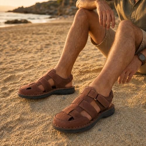 Image of Arkbird Men's Sandals, Closed Toe Leather Fisherman Outdoor Hiking Sport Shoes Summer