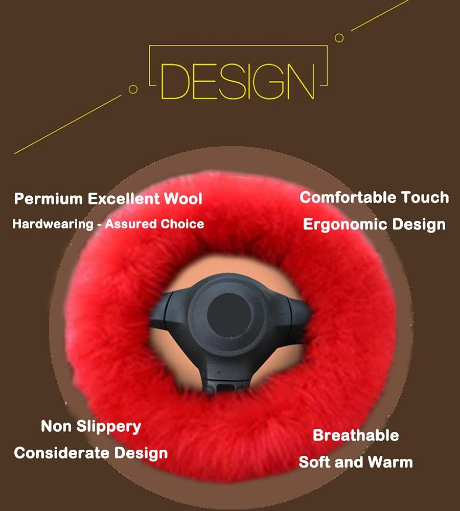 Car Steering Wheel Cover Gear Shift Handbrake Fuzzy Cover 1 Set 3 Pcs Multi-Colored with Winter Warm Pure Wool Fashion for Girl Women Ladies Universal Fit Most Car (Red)