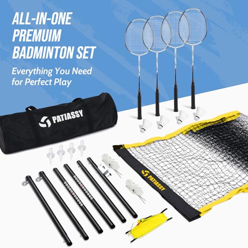Image of Professional Badminton Set with Carbon Aluminum Badminton Rackets Set of 4, Outdoor Portable Badminton Net with Winch System, 4 Nylon Badminton Shuttlecocks and Bag