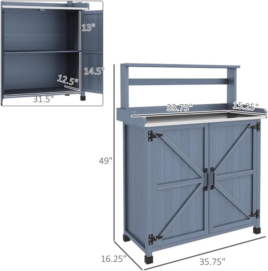 Potting Bench with Storage Cabinet, for Garden, Backyard, Courtyard(35.75" W x 16.25" D x 49" H). (Gray, 35.75" W x 16.25" D x 49" H)