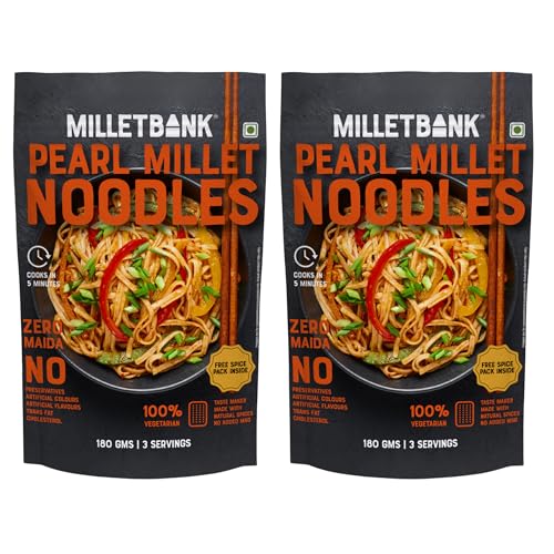 Image of Millet Bank Pearl Millet Hakka Noodles | Healthy Multigrain Noodles | High Protein | No Added Sugar | Healthy Noodles,Pack of 2 x 180 g