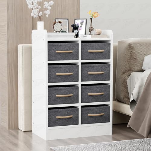 Image of Lukzer 8 Drawer Multipurpose Organizer with Fabric Storage Shelves - Engineered Wood & Fabric Storage Chest | Sturdy Wooden Frame | Elegant Dresser for Bedroom, Closet & Living Room (MR-028 /White)
