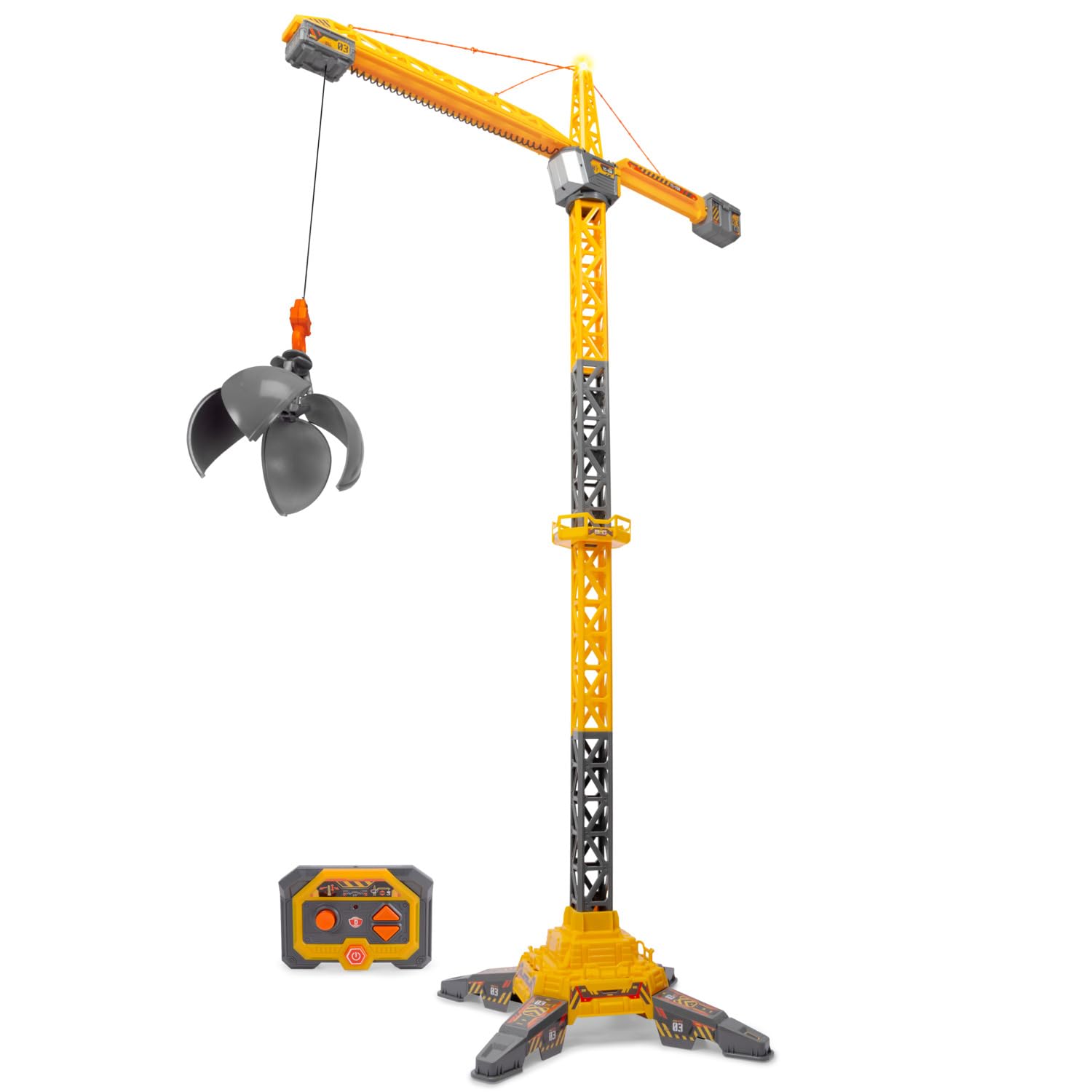 Dickie Toys 203729023 Dźwig Zdalnie sterowany radiowo 2,4GHz;obrót 360°;światło; akcesoria: wiaderko, taca, otwierana kula. Wysokość: 150 cm.
