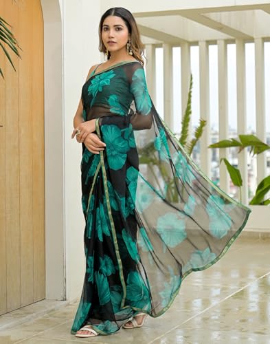 Image of SIRIL Women's Chiffon Printed Saree with Unstitched Blouse Piece
