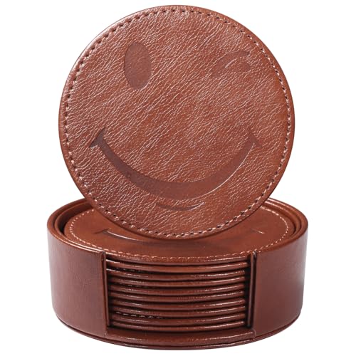 Zovante Coasters for Drinks Set of 6 with Holder, 6-Piece Leather Coasters with Embossed Smiley Designs - Durable Drink Coasters Set for Home, Bar, or Office - Brown