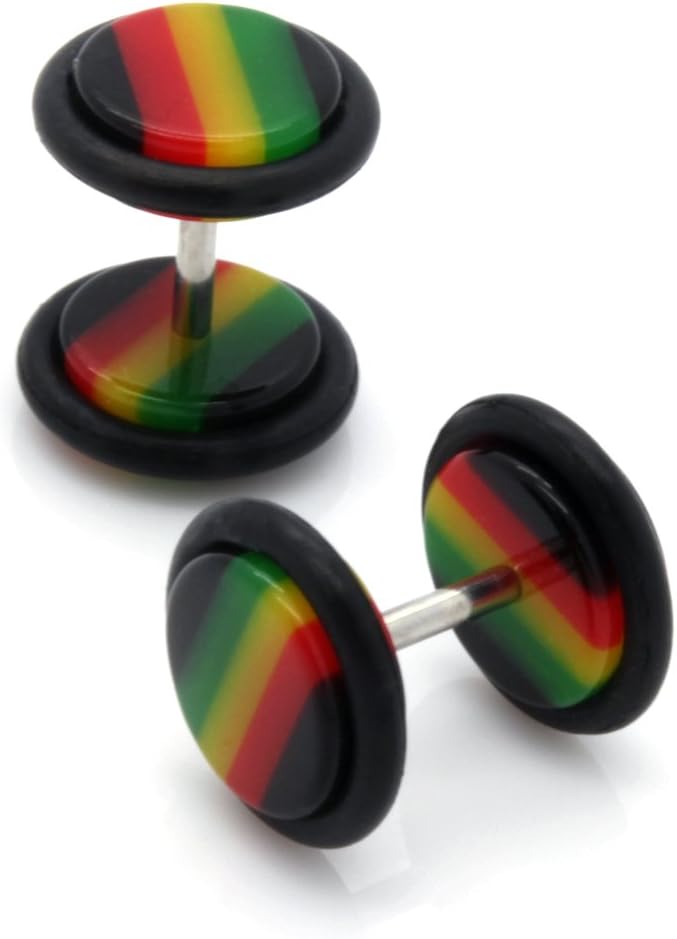 Pair Fake Cheater Plugs Rasta Acrylic 16g (1.2mm) Studs - 0g(8mm) Gauge Look