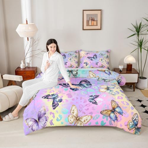 Image of Feelyou Colorful Butterfly Comforter Set Queen Rainbow Watercolor Printed Quilt Bedding for Girls Kids Bedroom Tie Dye Leopard Cheetah Teen Bed 1 and 2 Pillowcases